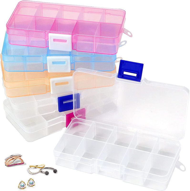 Photo 1 of FSWCCK 6 Pack Small Storage Box, Plastic Jewelry Organizer Box, 10 Grids Plastic Storage Containers with Removable Dividers, Mini Tackle Box Container for Beads, Buttons, Jewelry