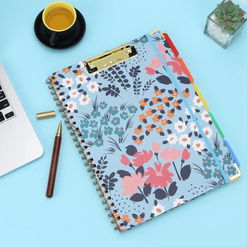 Photo 1 of Arthivarz Spiral Clipboard Folio with refillable Lined Notepad, Interior Storage dividers with 10 Pockets, Elastic Band and Pen Loop Series (Floral Meadow Series (Gentle Blue))