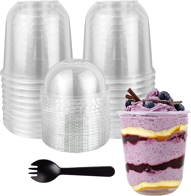 Photo 1 of 20 Pack Disposable Clear Plastic Cups with Dome Hole Lids and Black Sporks, 12oz Crystal Pet Dessert Parfait Cups for Iced Coffee Cold Drinks, Smoothie, Bubble Boba Tea, Juice, Frappuccino, Milkshake