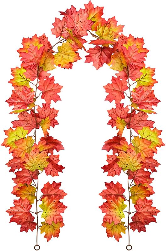 Photo 1 of Artificial Maple Leaf Fall-Garland, 5.5Ft Fall Decor Hanging Vines, Autumn Leaves String for Halloween Thanksgiving Christmas Party Decoration, Porch Home Wedding Fireplace, Red, FY-01
