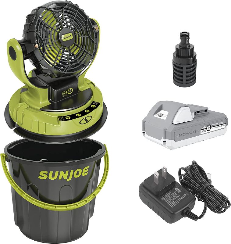 Photo 1 of Sun Joe 24V-MSTFAN-LTE 24-Volt iON+ Cordless Indoor/Outdoor Misting Fan w/ 6 Gallon Portable Bucket, 1, Kit 