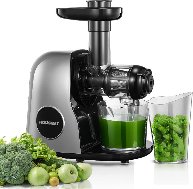 Photo 1 of Juicer Machines, HOUSNAT Professional Celery Slow Masticating Juicer Extractor Easy to Clean, Cold Press Juicer with Quiet Motor and Reverse Function for Fruit & Vegetable, Brushes & Recipes Included, Grey
