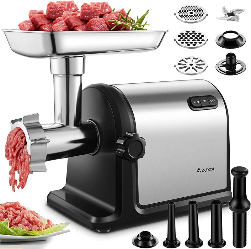 Photo 1 of AAOBOSI Electric Meat Grinder ?3000W Max ?Heavy Duty Stainless Steel Meat Mincer with 3 Grinding Plates, 3 Sausage Stuffer Tubes & Kubbe Attachments,Easy One-Button Control
