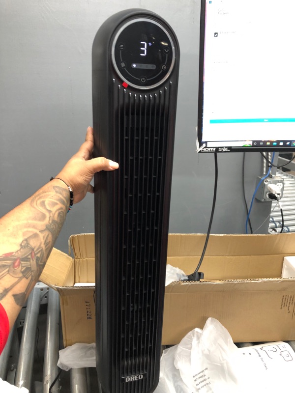 Photo 2 of Dreo Nomad One Tower Fan with Remote, 24ft/s Velocity Quiet Cooling Fan, 90° Oscillating Fan with 4 Speeds, 4 Modes, 8H Timer, Bladeless Fan, Standing Floor Fans, Black, (DR-HTF007)
