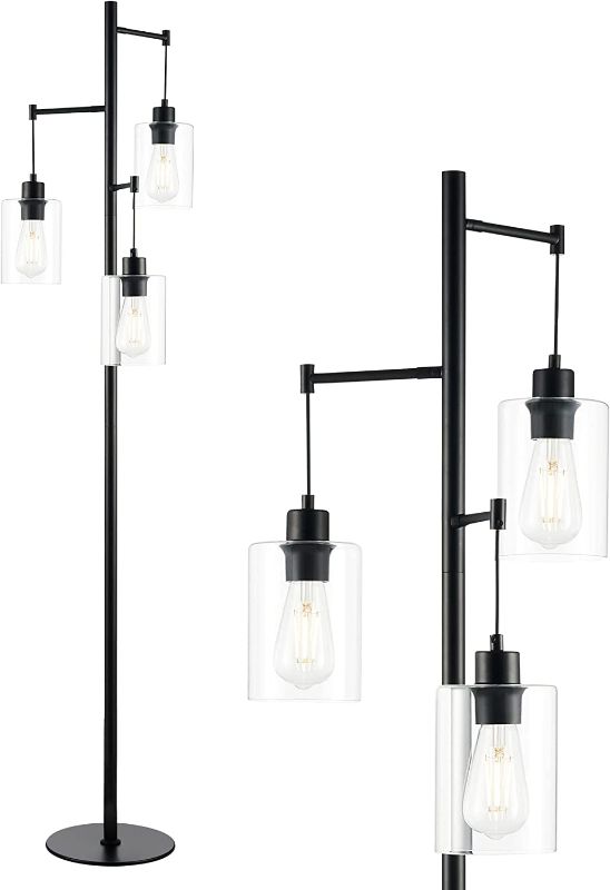 Photo 1 of VONLUCE 3 Lights Modern Industrial Floor Lamp Black, Rustic Tree Standing Lamps with Hanging Glass Shades, 3 Heads Farmhouse Floor Lamp for Living Room, Bedroom, Dining Room, Office, 3 LED Bulbs Incl.
