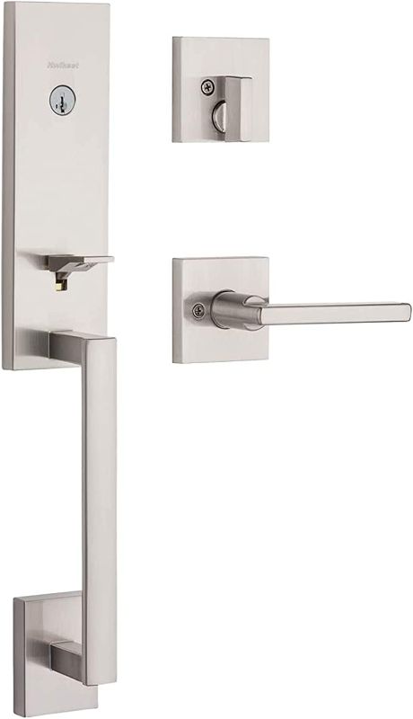 Photo 1 of 
MISSING HARDWARE 
Kwikset Vancouver Low Profile Front Lock Handleset with Microban, Including Slim Modern Halifax Door Lever Handle Featuring SmartKey Security, Satin Nickel 98180-014
