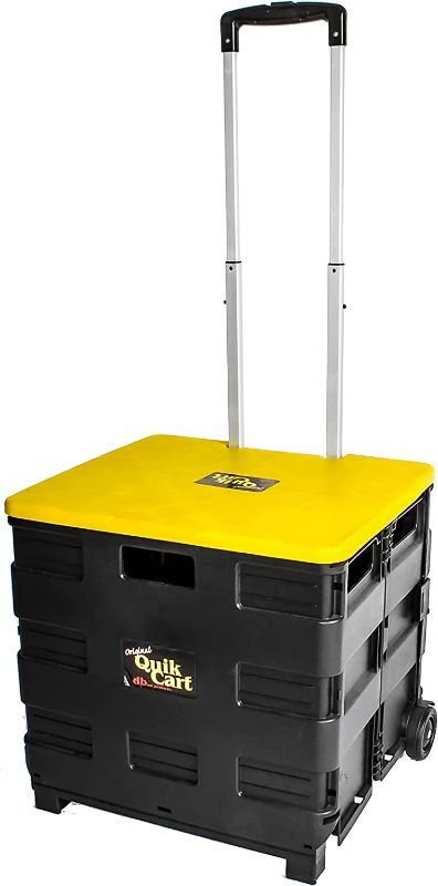 Photo 1 of DAMAGE 
dbest products Quik Cart Collapsible Rolling Crate on Wheels for Teachers Tote Basket 80 lbs Capacity, Made from Heavy Duty Plastic and Used as a Seat, Canary
