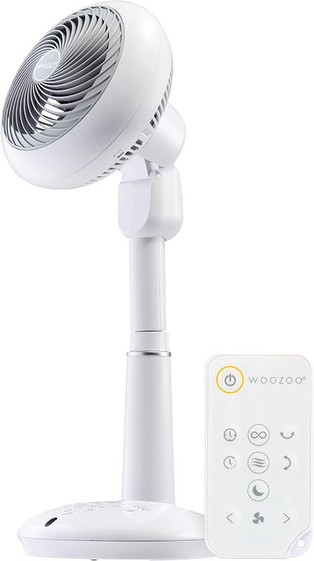 Photo 1 of IRIS USA WOOZOO Pedestal Standing Fan, 360 Oscillating Fan, DC Motor Quiet, Remote Equipped 7-in-1 Fan with Timer/ 10 Speed Settings, 102ft Max Air Distance, Height Adjustable, White
