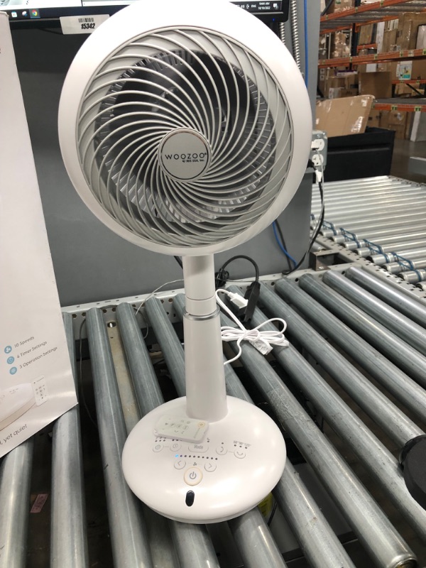 Photo 2 of IRIS USA WOOZOO Pedestal Standing Fan, 360 Oscillating Fan, DC Motor Quiet, Remote Equipped 7-in-1 Fan with Timer/ 10 Speed Settings, 102ft Max Air Distance, Height Adjustable, White
