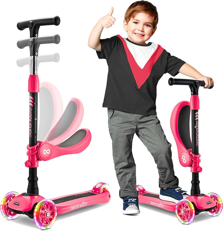 Photo 1 of 3 Wheeled Scooter for Kids - 2-in-1 Sit/Stand Child Toddlers Toy Kick Scooters w/ Flip-out Seat, Adjustable Height, Wide Deck, Flashing Wheel Lights, Great for Outdoor Fun
