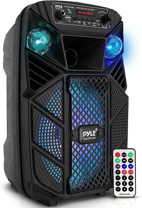 Photo 1 of Portable Bluetooth PA Speaker System - 300W Rechargeable Outdoor Bluetooth Speaker Portable PA System w/ 8” Subwoofer 1” Tweeter, Microphone in, MP3/USB, Radio, Remote - Pyle PPHP838B, Black
