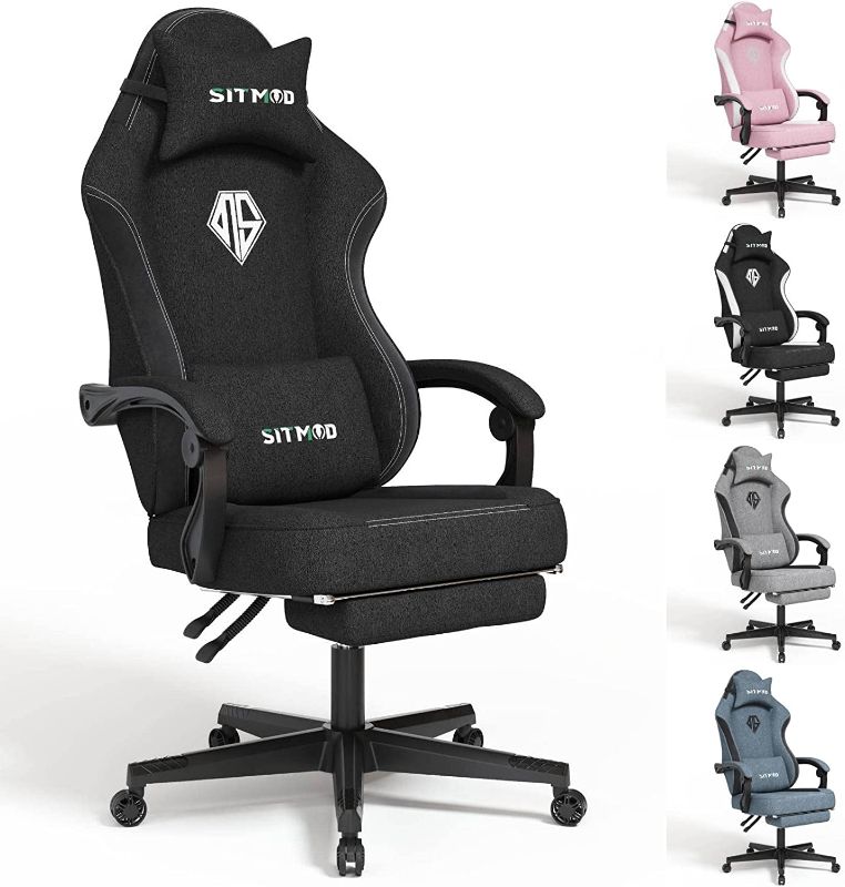 Photo 1 of SITMOD Gaming Chair with Footrest-PC Computer Ergonomic Video Game Chair-Backrest and Seat Height Adjustable Swivel Task Chair for Adults with Headrest and Lumbar Support(Black)-Fabric.
