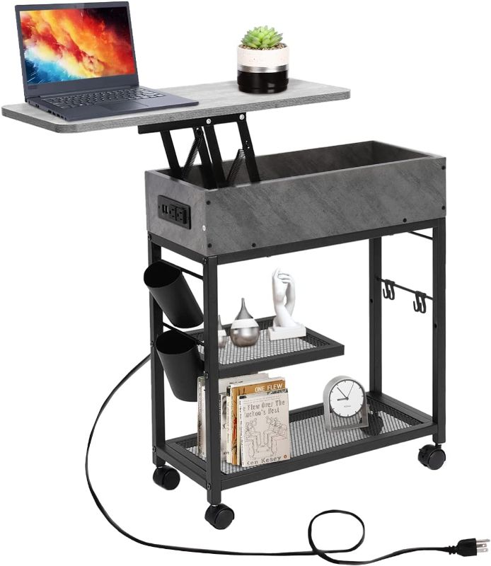 Photo 1 of Colima Lift Top End Table with Charging Station and Wheels, Narrow Hidden Storage Sofa Side Table with USB Port,Rolling Bedside Nightstand with 4 Hooks 2 Cups for Office Living Room Bedroom(Grey).
