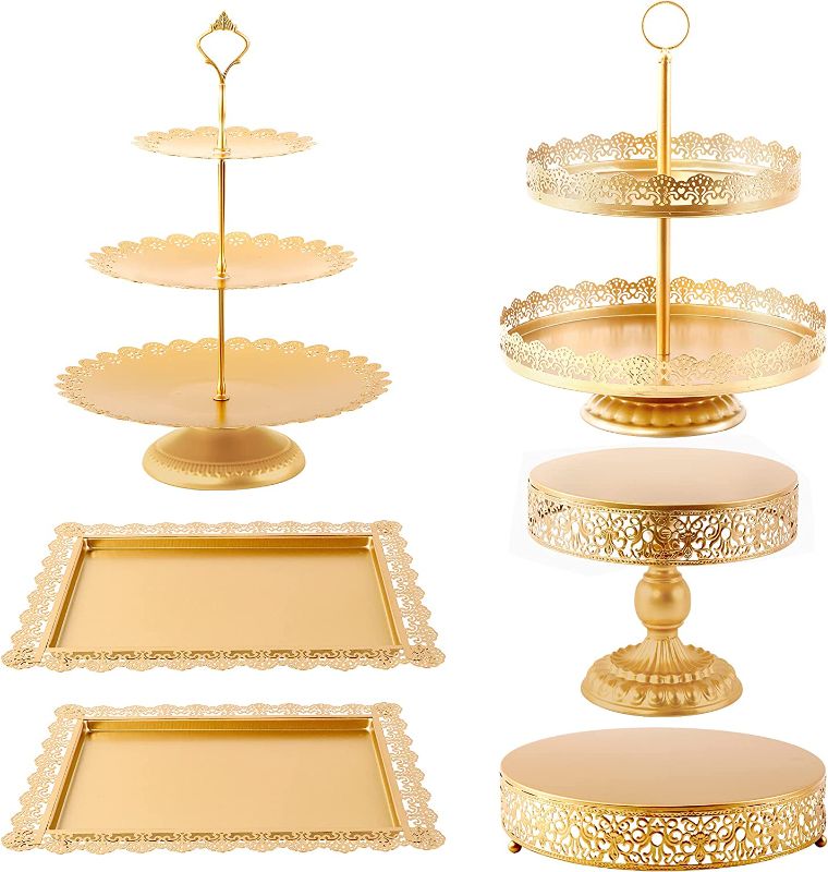 Photo 1 of  Gold Cake Stands Set, Cake Pedestal Display Table Tiered Cupcake Holder Candy Fruite Dessert Plate Decorating for Wedding Birthday Party Baby Shower Celebration