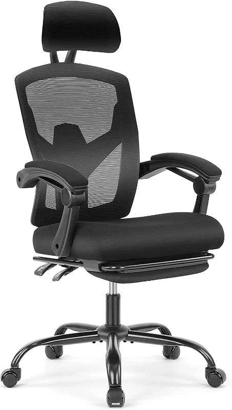 Photo 1 of Ergonomic Home Office Chair High Back Executive Desk Chair with Armsrest and Adjustable Headrest, Mesh Computer Chair with Retractable Footrest and Lumbar Support (Black)