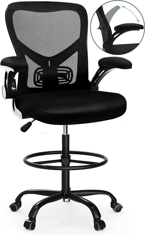 Photo 1 of rafting Chair Tall Office Chair - Comfortable Standing Desk Chair with Flip-up Armrest Height Adjustable Computer Task Chair with Foot Rest Ergonomic Mesh Mid-Back Desk Chair (Black)