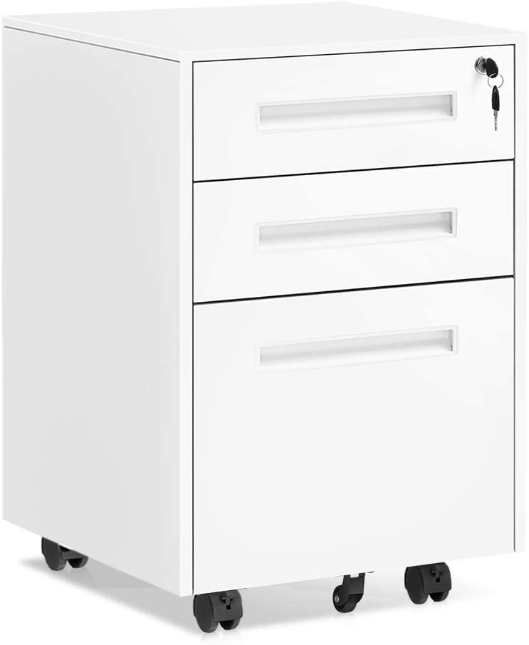 Photo 1 of Under Desk 3 Drawers Metal File Cabinet, Mobile Rolling File Organizer for Legal/Letter/A4 File, Fully Assembled Except Wheels (White)