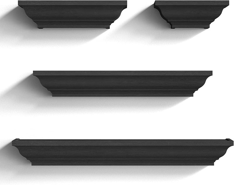 Photo 1 of  Floating Shelves, Solid Wood Storage Wall Shelves Set of 4 Display Ledge Shelves Decor for Bedroom, Living Room, Bathroom, Kitchen - Black