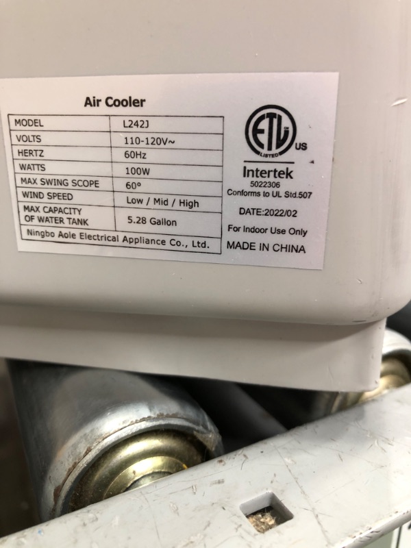 Photo 1 of POWERED ON***
Evaporative Cooler - AOLOS Windowless Air Conditioner w/ 3 Speeds, Swamp Cooler for Cooling Up to 700 Sq.ft, 5 Gallon Tank & 4 Ice Packs, 60° Swing, Evaporative Air Cooler for Backyard Garage Outdoor