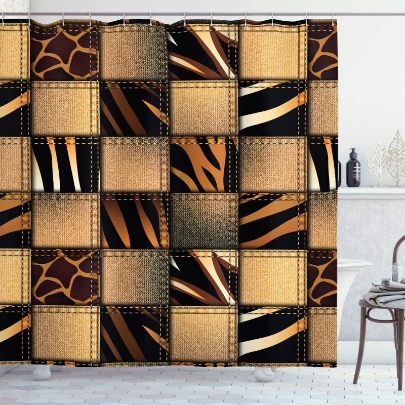 Photo 1 of Ambesonne Decorative Shower Curtain Wild Animal Print Patchwork Look Squares in African Style Wilderness Design Print Cloth Fabric Set with Hooks for Bathroom & Powder Room 69" W x 70" L Brown Black
