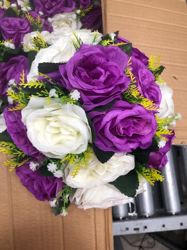 Photo 1 of 10 ROUND SILK FLOWER BOUQUETS PURPLE AND WHITE 10 INCH ROUND