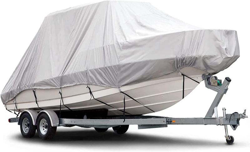 Photo 1 of 600D Trailerable Pontoon Boat Cover Fits 25’-28’ L x 102" W Waterproof Boat Cover for Rain Snow Dust UV Protection w/Storage Bag Universal Boat Cover for Fishing Sking Boat Runabout Bass Boat
