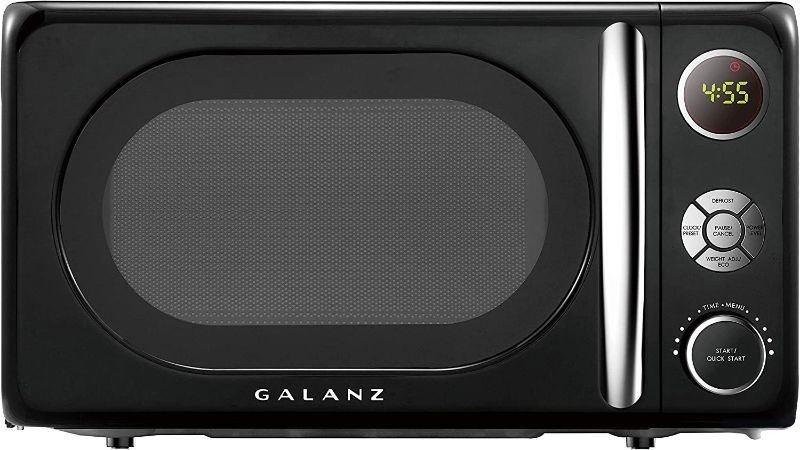 Photo 1 of ** TESTED / powers on ** Galanz GLCMKA07BKR-07 Microwave Oven, LED Lighting, Pull Handle Design, Child Lock, Retro Black, 0.7 cu ft