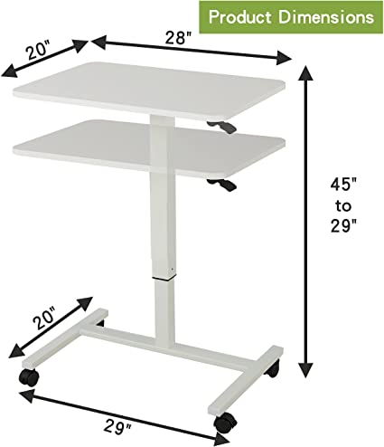 Photo 1 of Mobile Standing Desk Height Adjustable Sit to Stand Table, 28 x 20'' Pneumatic Laptop Desk with Gas Spring Riser, Overbed Table with Lockable Wheels for Offices, Home, Medical (White)
