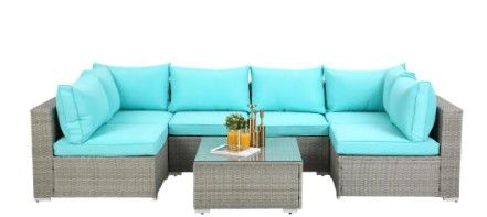 Photo 1 of *BOX 3 of 4, NOT COMPLETE*
HOMEFUN Gray 7-Piece Rattan Wicker Sectional Outdoor Light Blue Cushioned Sofa Sets with 2 Pillows and Coffee Table
