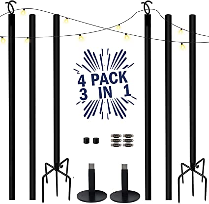 Photo 1 of 4 Pack 9ft String Light Poles with Upgrade Hooks, Premium 3 Functions Steel Lighting Pole - with Sturdy 5-Prong Fork and Metal Base, Poles for Outdoor String Lights - Party, Deck, Wedding Decorations
