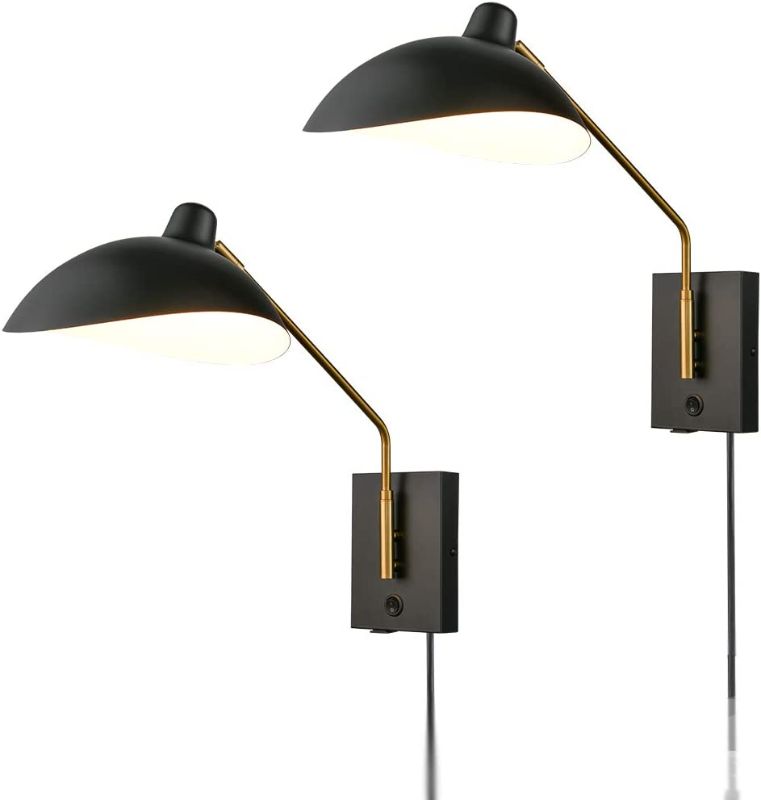 Photo 1 of CLAXY Swing Arm Bedroom Wall Sconces Modern Black Plug-in or Hardwired Sconce Lighting with USB Charge Port-Set of 2
