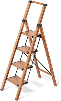 Photo 1 of 4 Step Ladder, Folding Step Stool with Convenient Handgrip for Home,Office,Kitchen, Woodgrain Lightweight Aluminum Step Stool with Anti-Slip Sturdy Pedal,330 lbs Capacity
