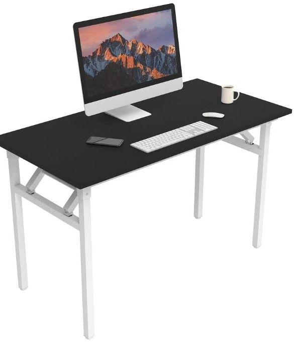 Photo 1 of Halter Folding Computer Desk for Home Office, Bedroom, and More - 47” Space-Saving Portable, Foldable Study Table - Black Desk, White Frame