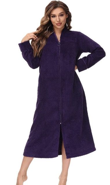 Photo 1 of INK+IVY Embossed Plush Front Zipper Robe for Women - Full-Length Housecoat - Ladies Bathrobe Loungewear with Pocket, Collar & Cuff, Rich Concord, L