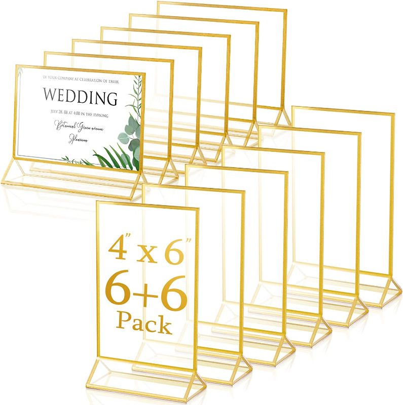 Photo 1 of 12 Pack Clear Acrylic Double Sided Frames Display Holder Gold Frames Acrylic Signs Stand 2mm Gold Border for Wedding Restaurant Office Home Store Numbers Signs Pictures (5 x 7 Inch, Horizontal)