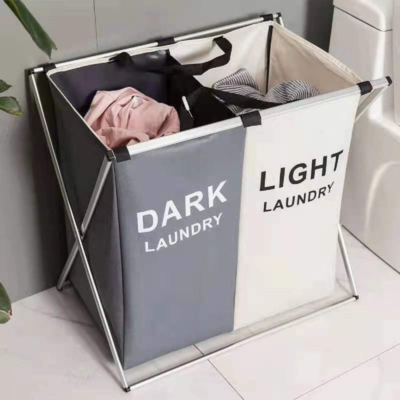 Photo 1 of 125L Laundry Basket Clothes Hamper Organizer Sorter Storage Foldable 2 Sections Hampers with Aluminum Frame (24x 15x 23 inches) Washing Dirty Cloth Bag for Bathroom Bedroom Garage (white gray)
