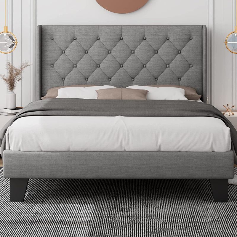 Photo 1 of **BOX 1 OF 2, MISSING HEADBOARD**Feonase Upholstered Queen Bed Frame with Wingback, Heavy Duty Bed Frame, Wood Slat, Easy Assembly, Noise-Free, No Box Spring Needed, Light Gray