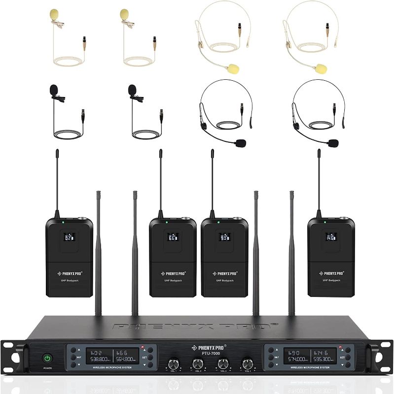 Photo 1 of Wireless Microphone System, Phenyx Pro Quad Channel Wireless Mic Set w/ 4 Bodypacks and Headsets/Lapel Mics, 4x40 Channels, Auto Scan,328ft Coverage, Cordless Mic for Singing, DJ, Church(PTU-7000B)