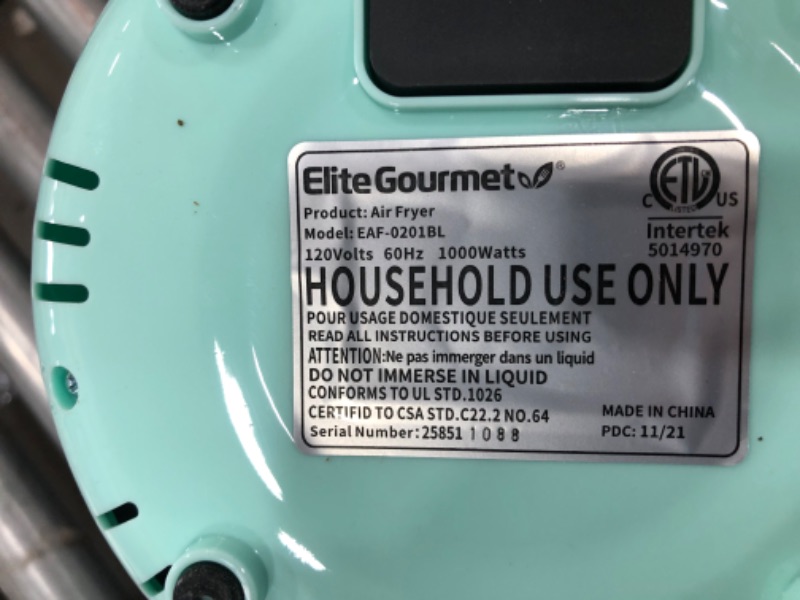 Photo 1 of Elite Gourmet EAF-0201BL Personal 2.1 Qt. Compact Space Saving Electric Hot Air Fryer Oil-Less Healthy Cooker, Timer & Temperature Controls, PFOA/PTFE Free, 1000W, Quart, Mint 2.1 Quart Mint Air Fryer