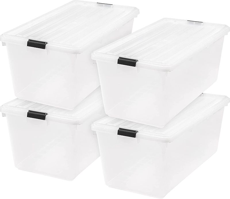 Photo 1 of (Used - Damaged) IRIS USA 91 Quart Large Storage Bin Utility Tote Organizing Container Box with Buckle Down Lid for Clothes Storage, 4 Pack, Clear, Clear/Black (500184)
