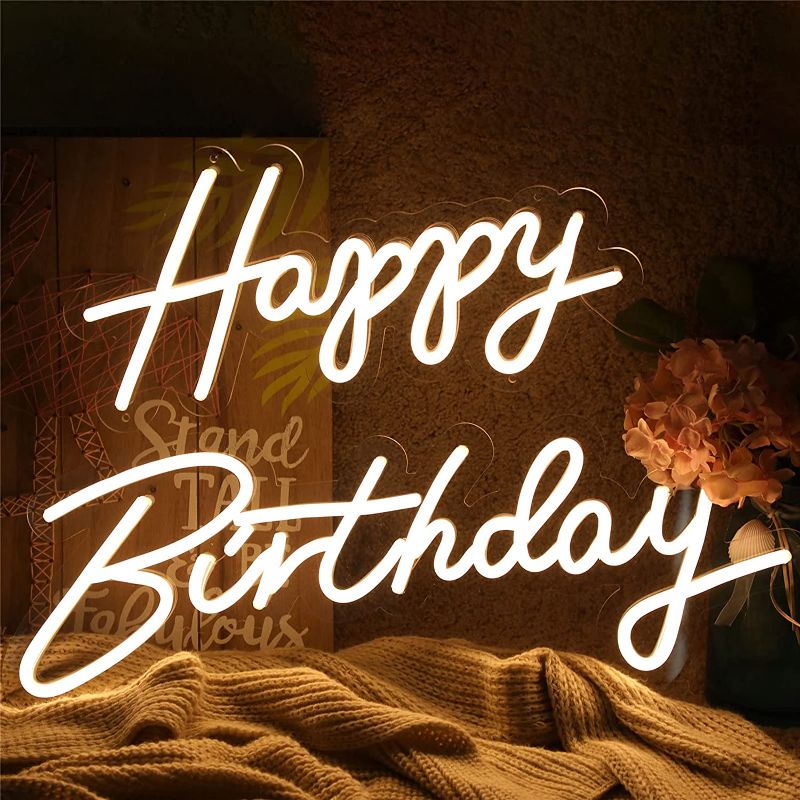 Photo 1 of ATOLS Happy Birthday Large Neon Sign for Wall Decor, with Dimmable Switch, Reusable Happy Birthday Neon Light Sign for All Birthday Party Decoration, Size-Happy 16.5x8inch, Birthday 23 X 8inch
