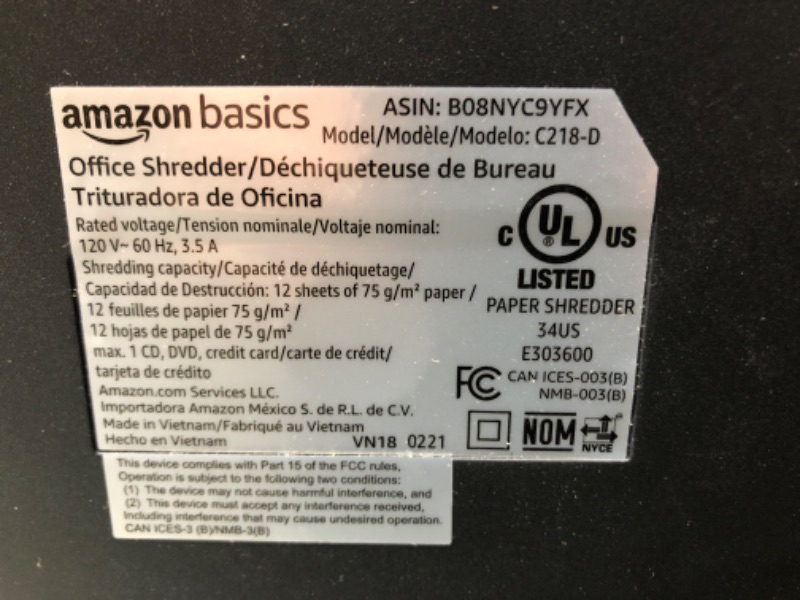 Photo 3 of ***PARTS ONLY*** Amazon Basics 12-Sheet Micro Cut Paper Shredder and Credit Card CD Shredder with 6 Gallon Bin
