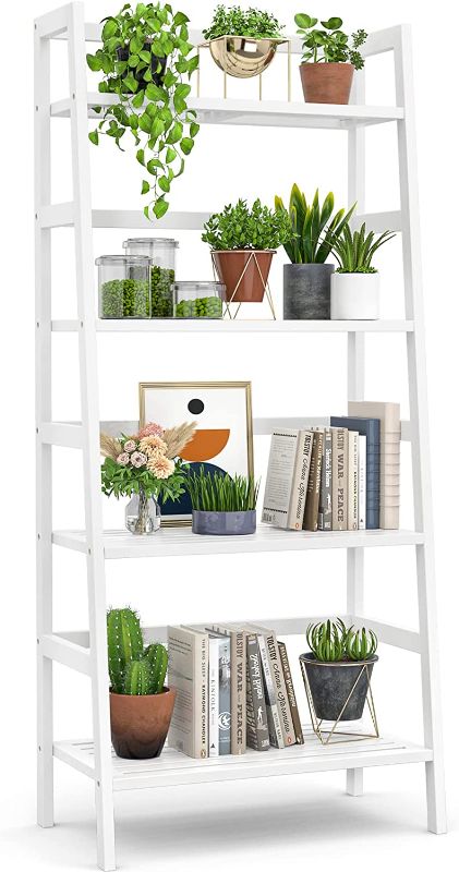 Photo 1 of Homykic Ladder White Bookshelf, 4-Tier Bamboo Ladder Shelf 49.2” Book Shelf Bookcase Floor Freestanding Bathroom Storage Rack Plant Stand for Home Office, Bedroom, Living Room, Easy to Assemble