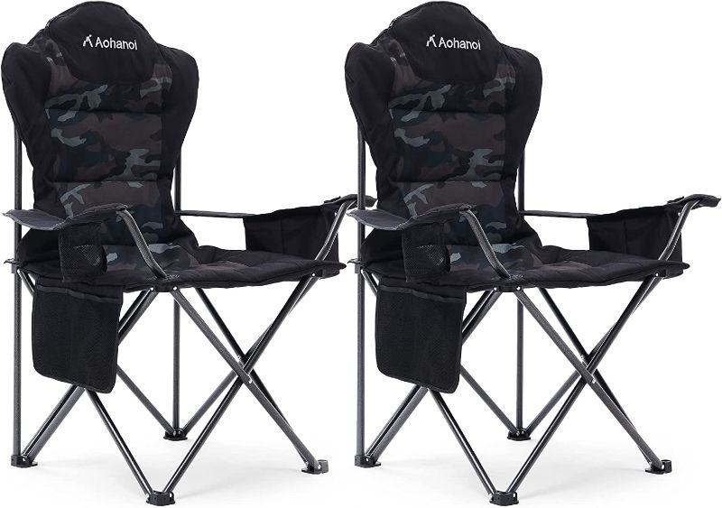 Photo 1 of Aohanoi Camping Chairs, Outdoor Folding Chairs 2 Pack for Heavy People, Folding Chairs for Outside, Camp Chairs with Cup Holder & Cooler Bag, Supports up to 300lbs (2 Pcs, Camo)