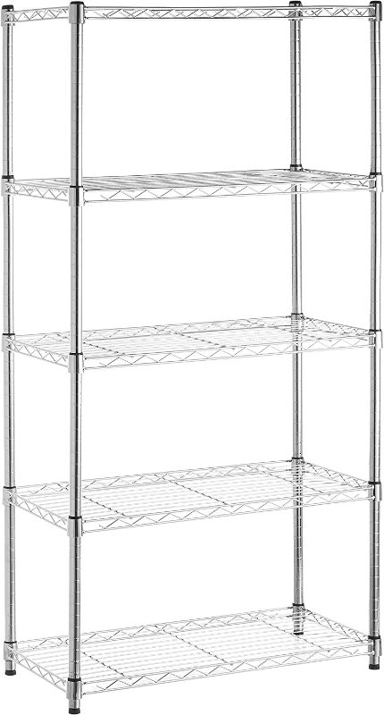 Photo 1 of Amazon Basics 5-Shelf Shelving Storage Unit on 4'' Wheel Casters , Chrome Silver (30L x 14W x 64.75H) & 3-Shelf Heavy Duty Shelving Storage Unit on 2' Wheel Casters, Chrome (23.2L x 13.4W x 32.75H)
