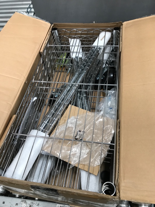 Photo 1 of Amazon Basics 5-Shelf Shelving Storage Unit on 4'' Wheel Casters , Chrome Silver (30L x 14W x 64.75H) & 3-Shelf Heavy Duty Shelving Storage Unit on 2' Wheel Casters, Chrome (23.2L x 13.4W x 32.75H)
