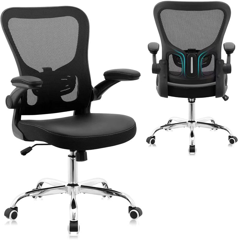 Photo 1 of Office Chair,PU Cushion Ergonomic Desk Chair,Mesh Mid Back Height Computer Chair,Flip-up Armests Home Computer Chair,Adjustable Lumbar Support Task Chair with Soft Seat,Black
