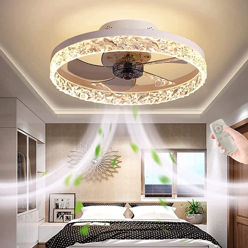Photo 1 of **Parts Only**19.7" Ceiling Fan With Light And Remote Control, smart Bladeless Ceiling Fan Light, Household Fan Chandelier With 3 Colors 3 Speeds Timing Low Profile Fan (White)
