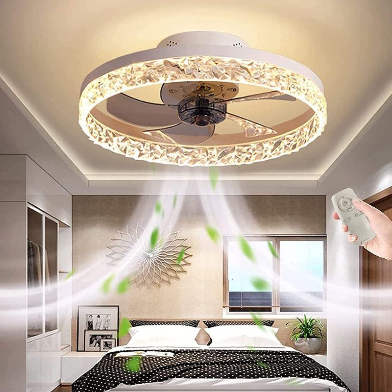 Photo 1 of 19.7" Ceiling Fan With Light And Remote Control, smart Bladeless Ceiling Fan Light, Household Fan Chandelier With 3 Colors 3 Speeds Timing Low Profile Fan (White)
