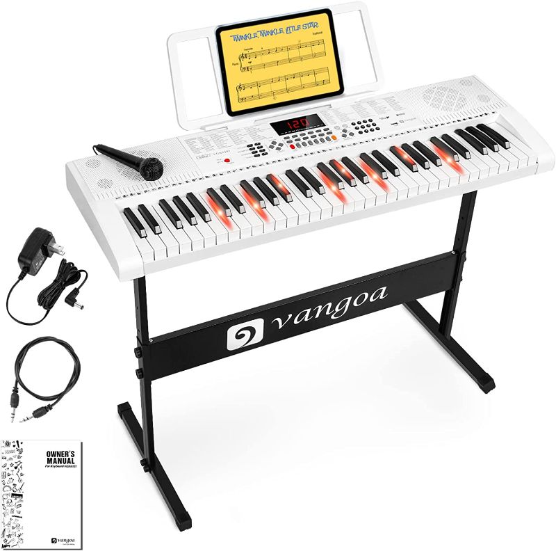 Photo 1 of Vangoa VGK6101 White Piano Keyboard 61 Light up Keys Full-size, Electric Keyboard Piano with Stand for Beginner Kids Teens Adult, 3 Teaching Modes
